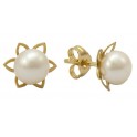 6 LEAF FLOWER STUD EARRINGS CULTURED PEARL