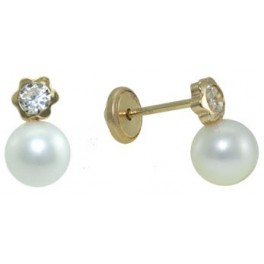 FLOWER SHAPED ROUND BEZEL STUD EARRINGS ZIRCONIA: 3MM CULTURED PEARL: 5-6MM        