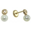 3,5MM MINI ROUND STUD EARRINGS (HOLLOW-BACK) ZIRCONIA :1,5MM CULTURED PEARL: 4MM