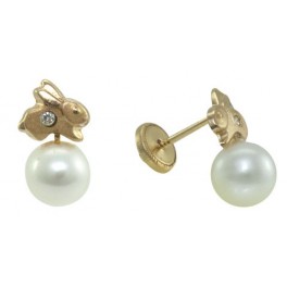 5,5MM MINI RABBIT STUD EARRINGS (HOLLOW-BACK) ZIRCONIA:1,5MM PEARL 5-6MM