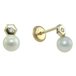 3,5MM MINI HEXAGON STUD EARRINGS (HOLLOW BACK) ZIRCONIA:1,5MM CULTURED PEARL: 4MM